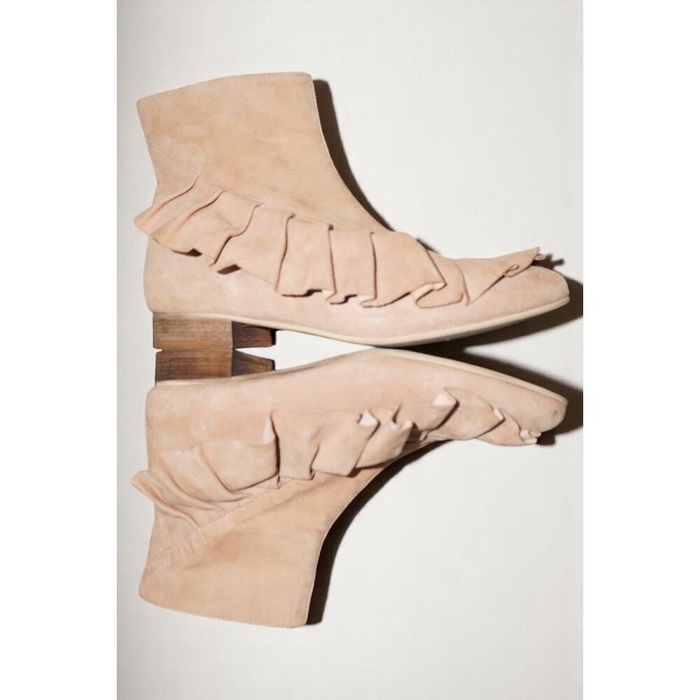 Anthropologie Suede Ruffle Ankle Boots Womens 38 Camel Boho Western - Picture 5 of 12